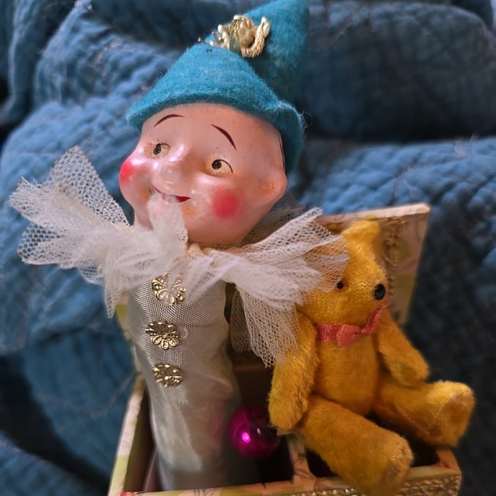Vintage 1950s RARE, UNIQUE Ja Cardboard Jack In Box Elf W/ Bear